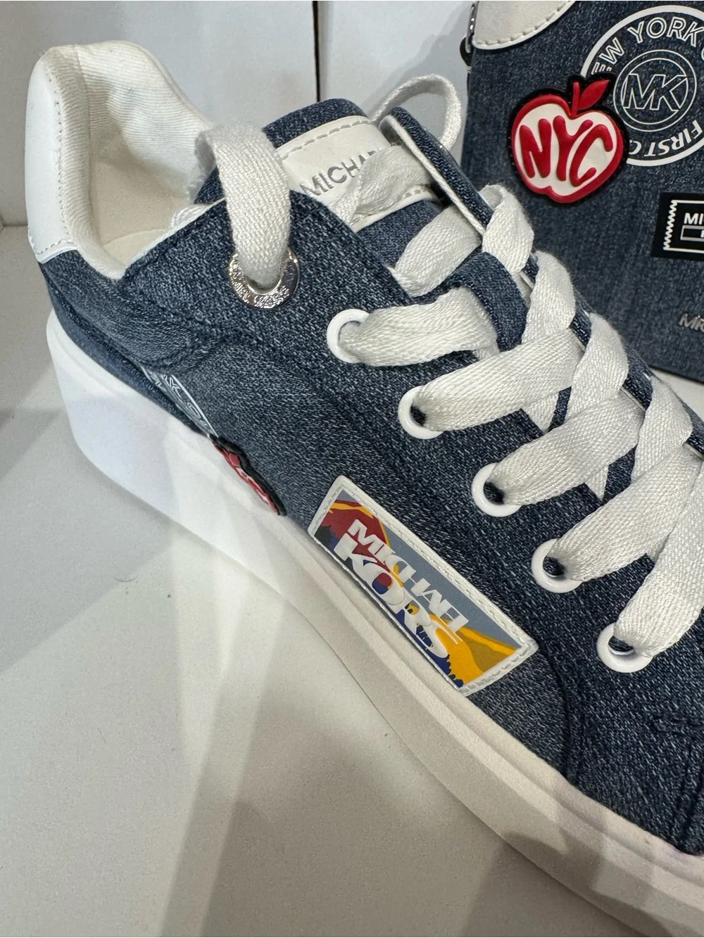 Michael Kors Denim Patch Platform Sneakers in Blue and White
